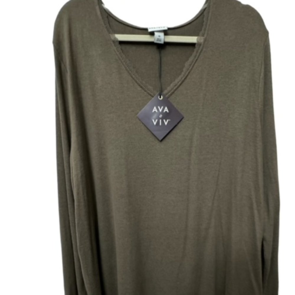 Ava Aviv Beige Front Gathered Lace Trim Sweater Long Sleeves Size 1X
